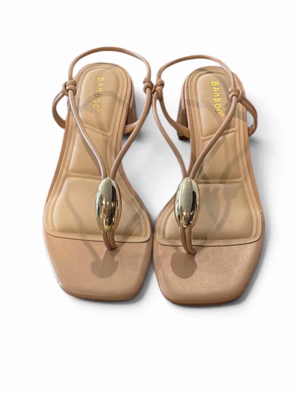 Bamboo Strap Sandal Size 10 Nude Block Heel Gold Hardware Detail Square Toe NEW - Picture 4 of 14